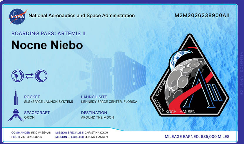 NASA - karta pokładowa misji Artemis II