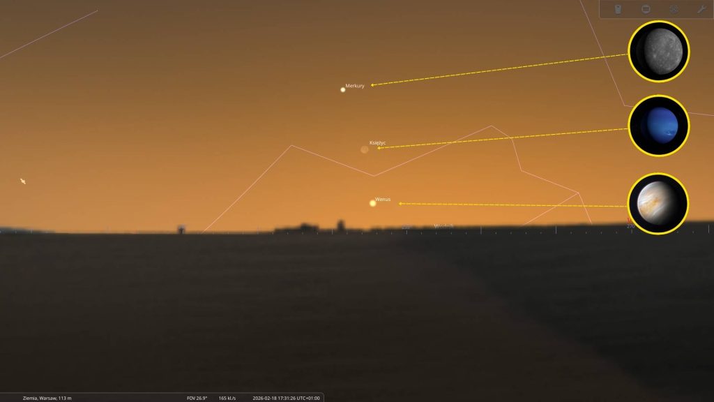 Koniunkcja Merkury - Księżyc - Wenus - 18.02.2026 - mapa nieba