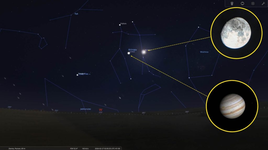 Księżyc i Jowisz - koniunkcja - 26.02.2026 - mapa nieba