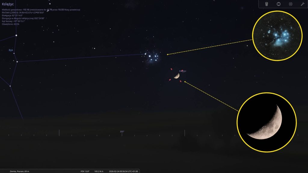 Księżyc i Plejady - mapa nieba