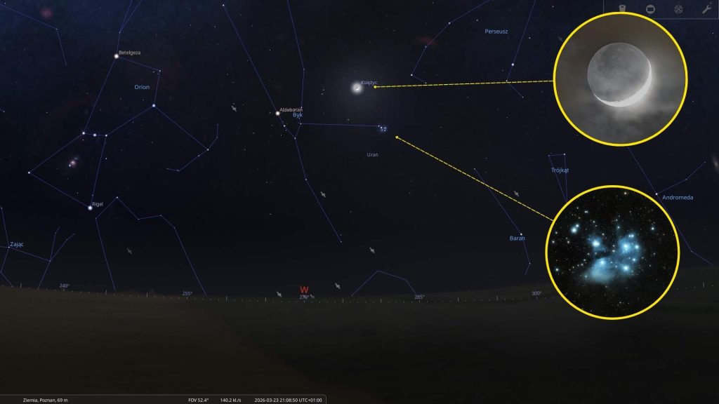 Plejady i Księżyc - 23.03.2026 - mapa nieba