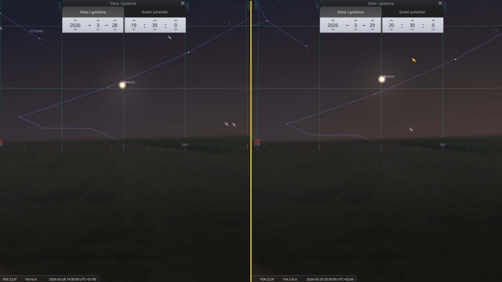 Wenus na niebie przed i po zmianie czasu na letni.