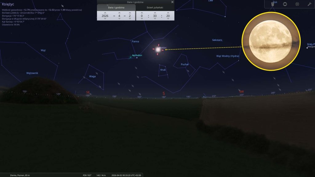 Pełnia Księżyca - 01.04.2026 - mapa nieba